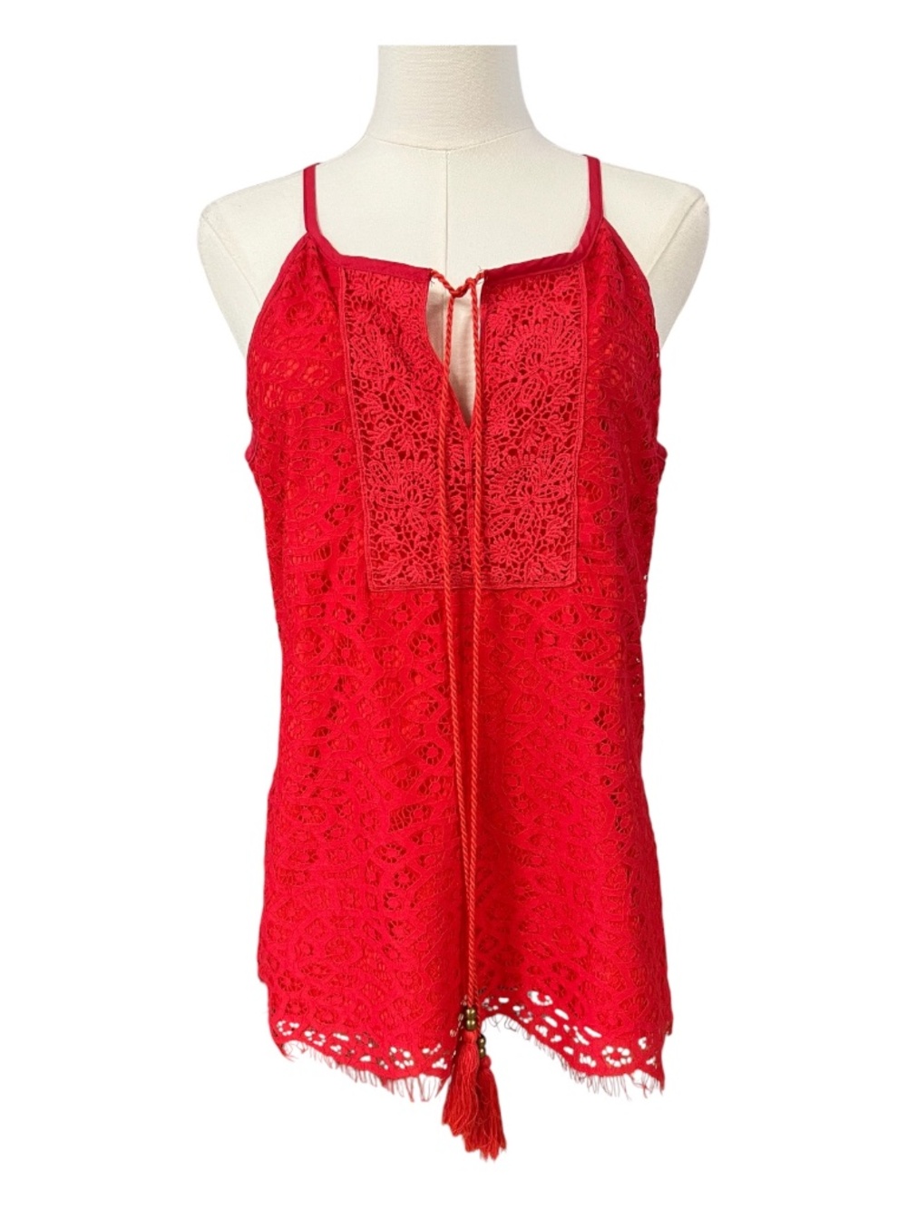 EUC Solitaire Red Lace Overlay Halter Tie Tassel Top Scalloped Eyelash Lace | Si